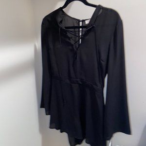 Long Sleeve Black Romper, Lace-Up Front